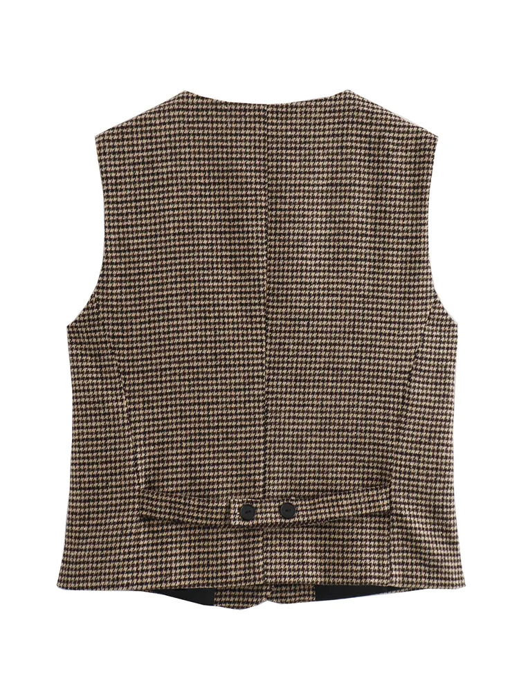 Zevity Women Euro Style V Neck Houndstooth Pirnt Slim Vest Jacket Lady Retro Sleeveless Breasted Business WaistCoat Tops CT6216