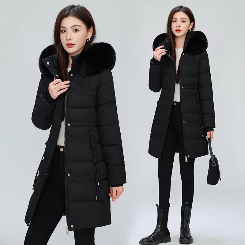 Butterfly Pattern Mid-Long Parkas Women Winter Warm Furry Collar Hooded Parka Jacket Woman Slim Fit Thicken Parkas Female
