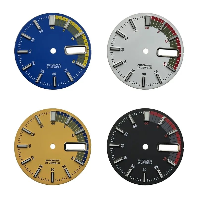 

28,5 мм без логотипа, красочный циферблат, подходит для механизма NH36/4R36, зеленый светящийся двойной календарь, высококачественные часы, модифицированные аксессуары