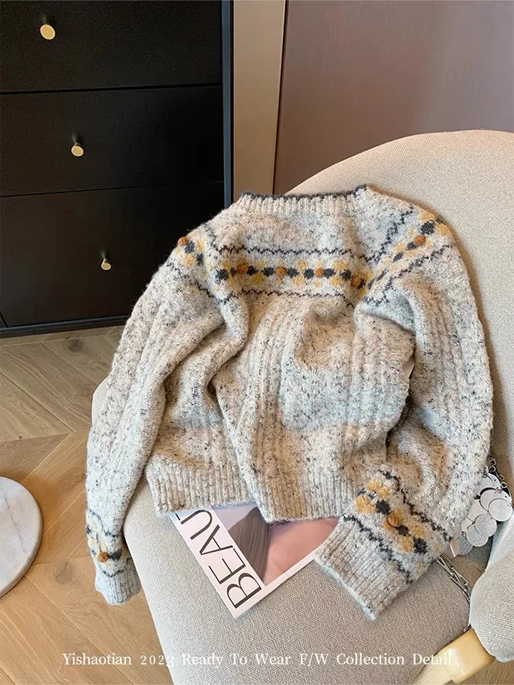 Retro kwiat sweter wiosenno-jesienny damski luźny miękki płaszcz z okrągłym dekoltem szarej sweter dziergany Outwear jednorzędowy z długim rękawem