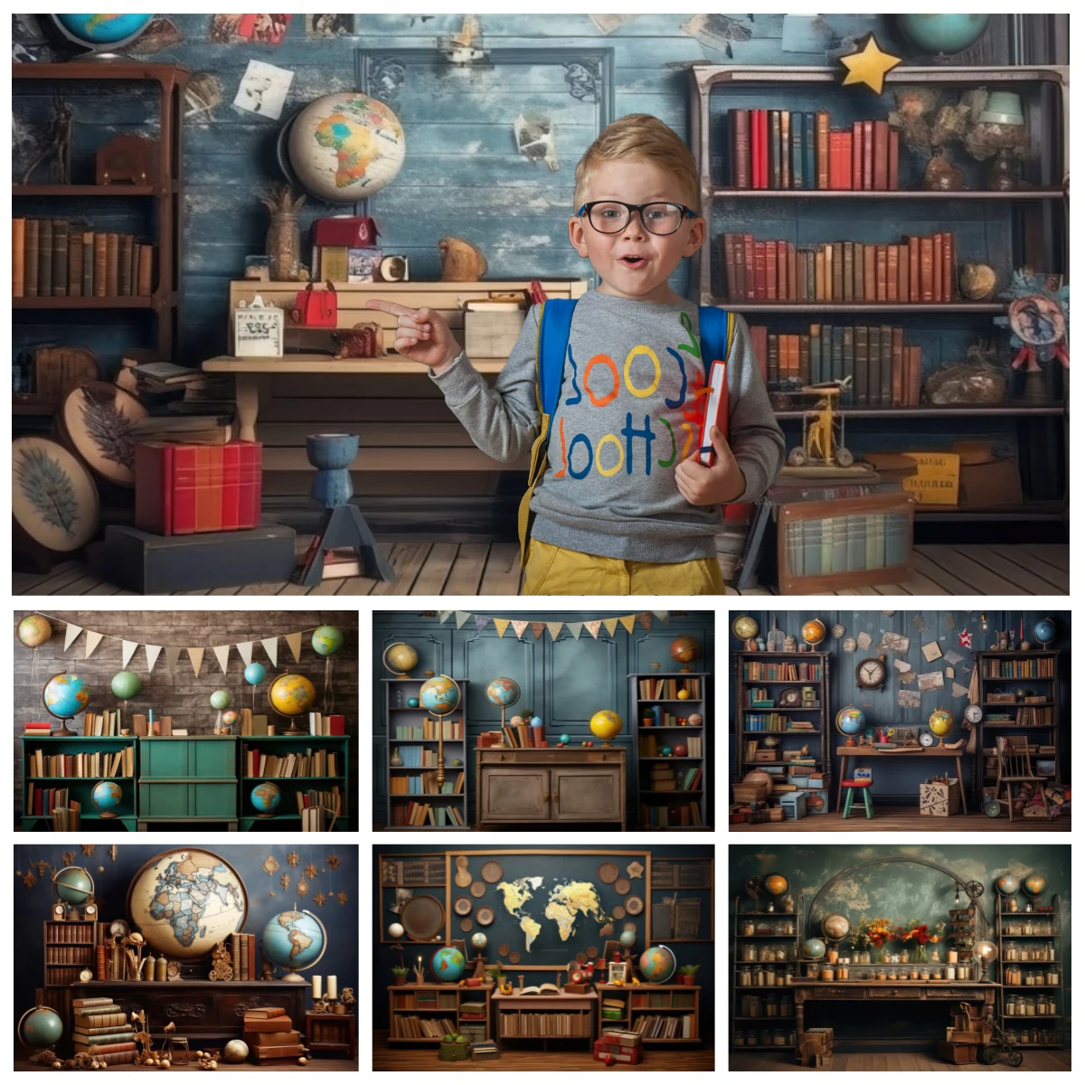 AI Scene Bookshelf Backdrop Back to School Party Decor Kids Portrait Library Study Background for Photography Photozone Props