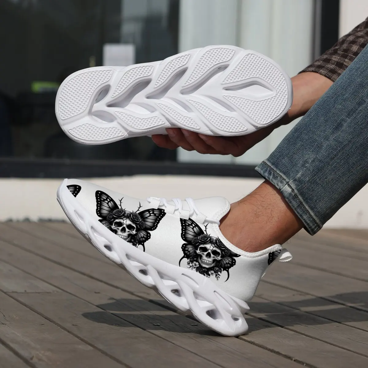 

White Casual Sneakers with Skull Butterfly Rose Print Women Vulcanized Shoes High Quality Men Sneakers Slip on Running Shoes