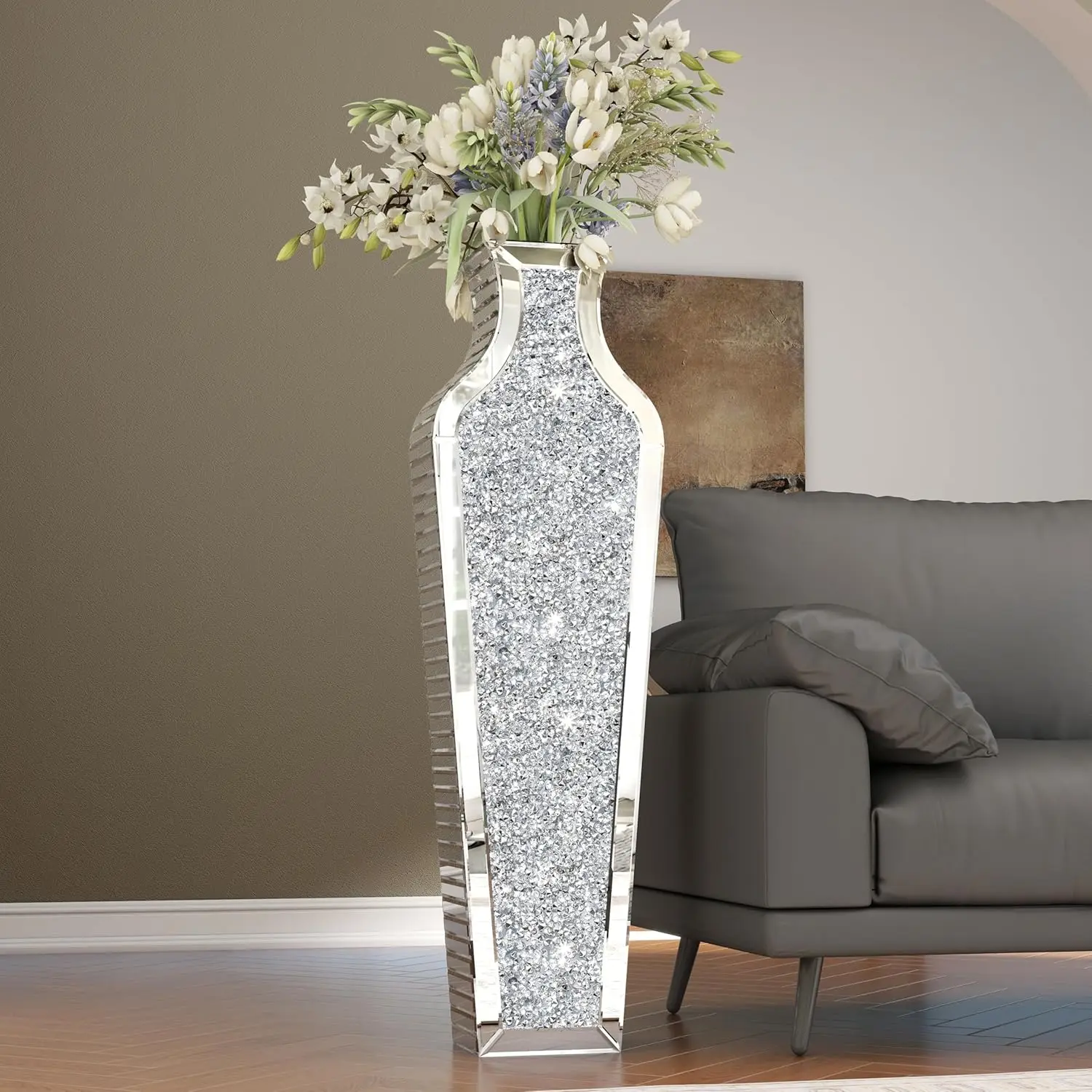 

43" Extra Large Floor Vase Oversized Crushed Diamond Mirrored Vase Silver Big Crystal Vases for Home Decor Living Room Floor