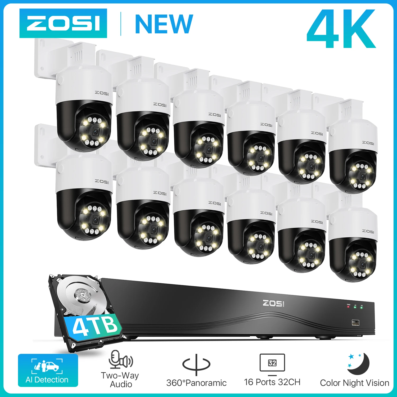 ZOSI 4K 32CH PoE CCTV Security IP Cameras System AI Detection Dual-Disk 8MP HD Outdoor Auto Track PTZ Video Surveillance Cam Set