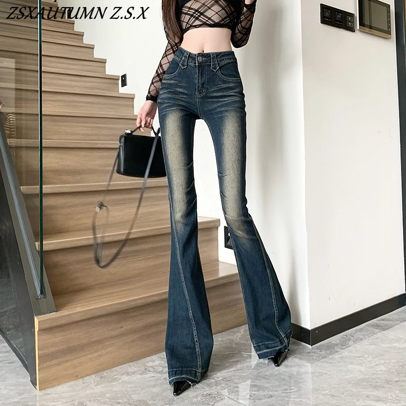 Woman High Waist Vintage Elastic Flare Jeans Lady Streetwear Bell Bottom Pants Fashion All-match Slim Deep Blue Denim Trousers