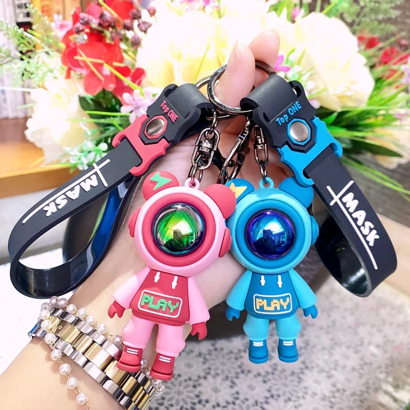 Colorful Astronaut Bears Key Chains Sweet Cute Animal Keyring Holder For Car Hanging Bag PVC Jewelry Accessories Gift For Womens