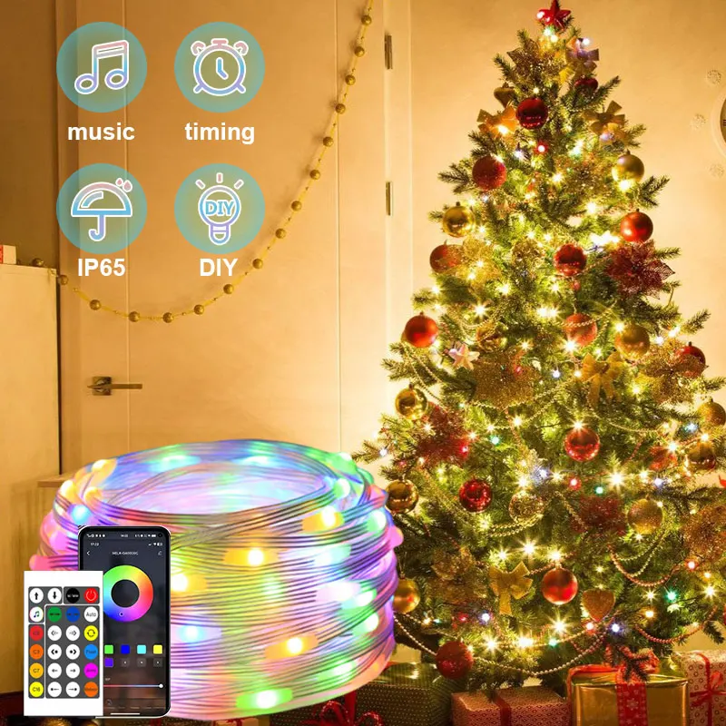 Lampu setrip Led RGB 20M Bluetooth, lampu hias pesta tali kulit IP65, lampu senar musik peri luar ruangan cerdas pencahayaan liburan