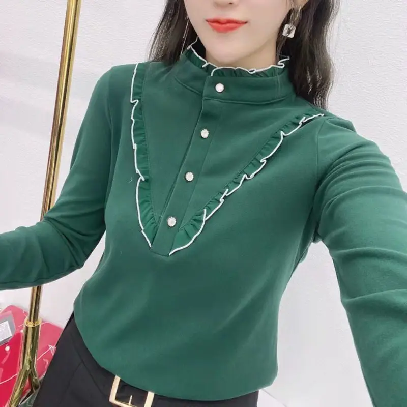 Women Autumn Winter Fashion Trend Solid Color Mock Neck Long Sleeve Shirts Ladies Casual All-match Warm Bottoming Shirt Tops