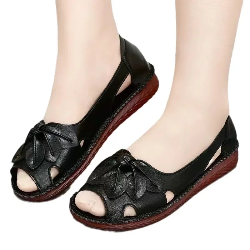 Women Sandals Summer Pu Leather Breathe Comfort Ladies Flats Red Slip on Soft Sole Mom Shoes Fashion Sandalias De Mujer
