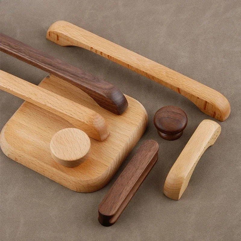 

YM Solid Wood Walnut Beech Kitchen Cabinet Handles round Knob Drawer Pulls Furniture Door Knobs Cupboard Wooden Hardware Long