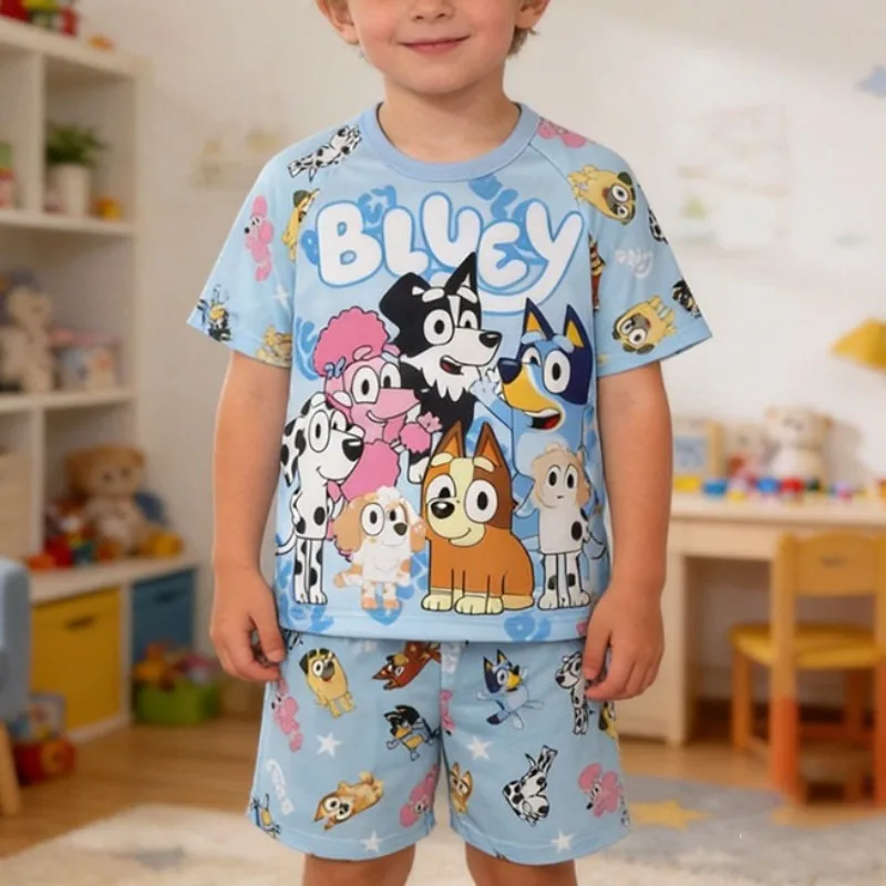 

Hot New Bluey Short Sleeved T-shirt Summer New Breathable 3D Cartoon Printed Short Sleeved Set for Boys and Girls Clothing