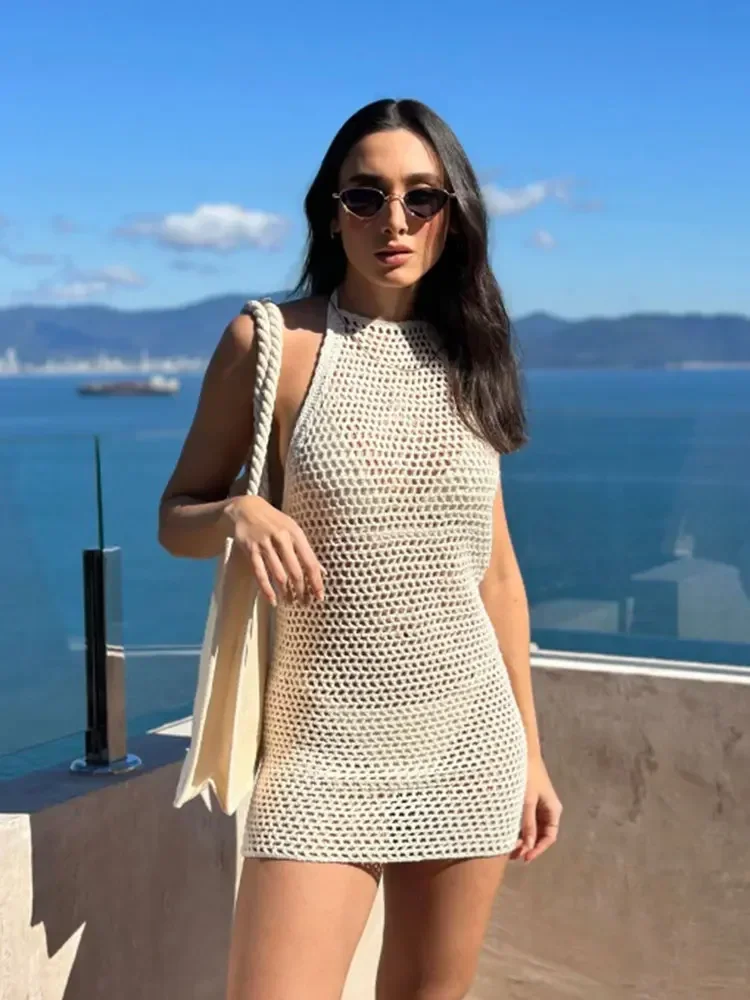 2025 Summer Women Sexy Knit One Neck Lace-up Cut Out Backless Slim Beach Mini Dress Holiday Swimsuit Cover Up Crochet Outfit K75