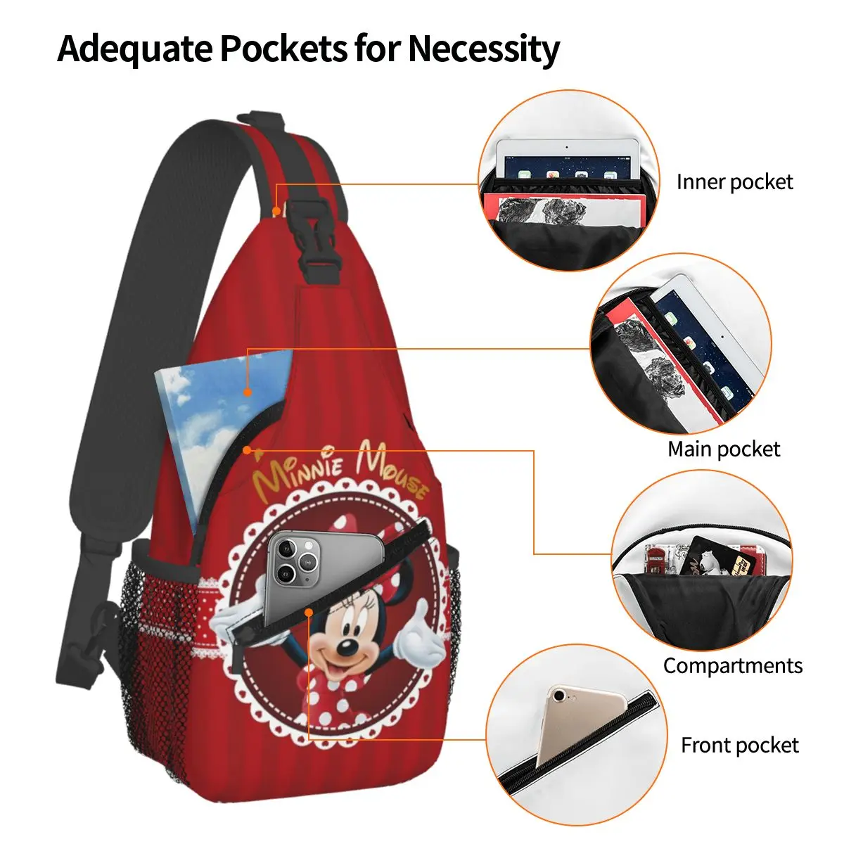 Custom Minnie Mouse Polkadot Anime Sling Crossbody Backpack Water Resistant For Cycling Daypack Printing Shoulder Backpack