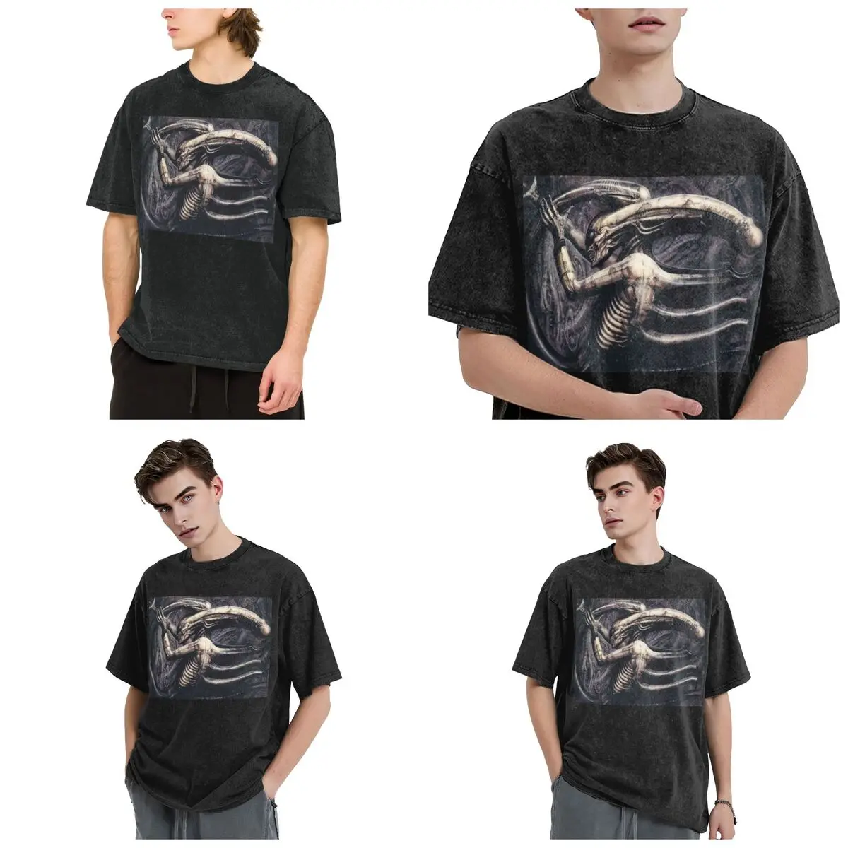 Streetwear T-Shirts Alien Xenomorph HR Giger Washed T Shirt Short Sleeve Hip Hop T-Shirt Tops Tees for Men Women