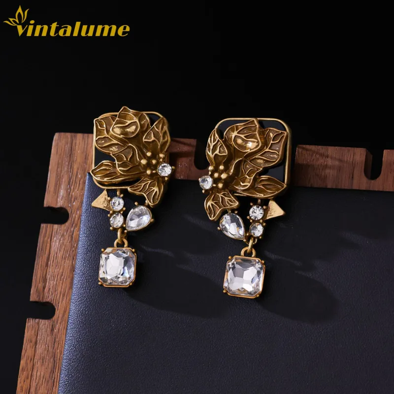 

Винтажные серьги-подвески с цветочными листьями и кристаллами, позолоченные, с черной эмалью, роскошные, эффектные, для вечеринок, подарок, ювелирные изделия Vintalume