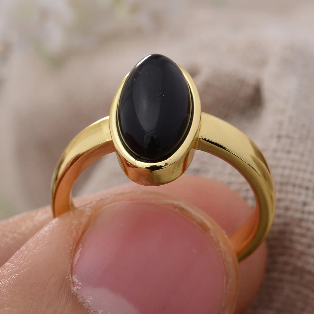 New Arrival Yellow Gold Color Fashion Black Rhinestone Oval Design Ladies Finger Rings Promotion Jewelry For Women Gifts