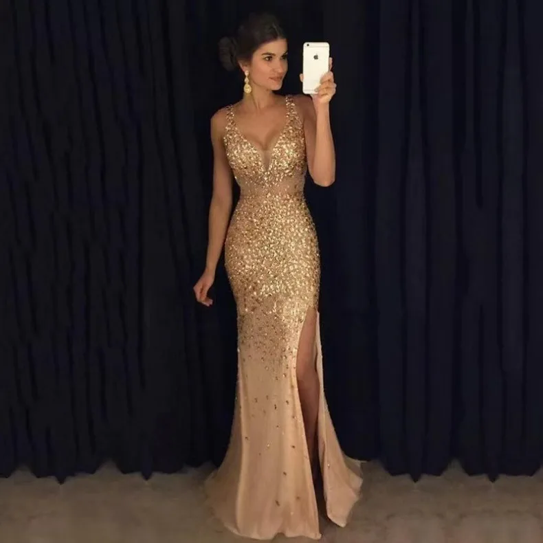 V-Ausschnitt, plissiertes, geschlitztes, heißgeprägtes, figurbetontes Kleid für Dinnerpartys, Pendeln, Abschlussfeiern, sexy, elegantes langes Kleid – Detail 2