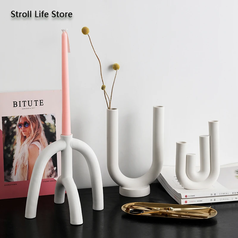 Nordic Creative Ceramic Candlestick White Candle Holders Water Pipe Modern Living Room Candle Stand Home Ornament Gift FC455