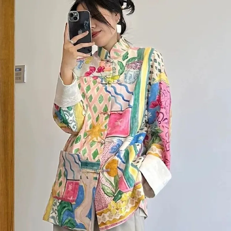 Hikigawa Chic Fashion Casual Contrast Color Printed Long Sleeve Women Shirts Vintage Frog Button Up Blouse All Match Tops Mujer