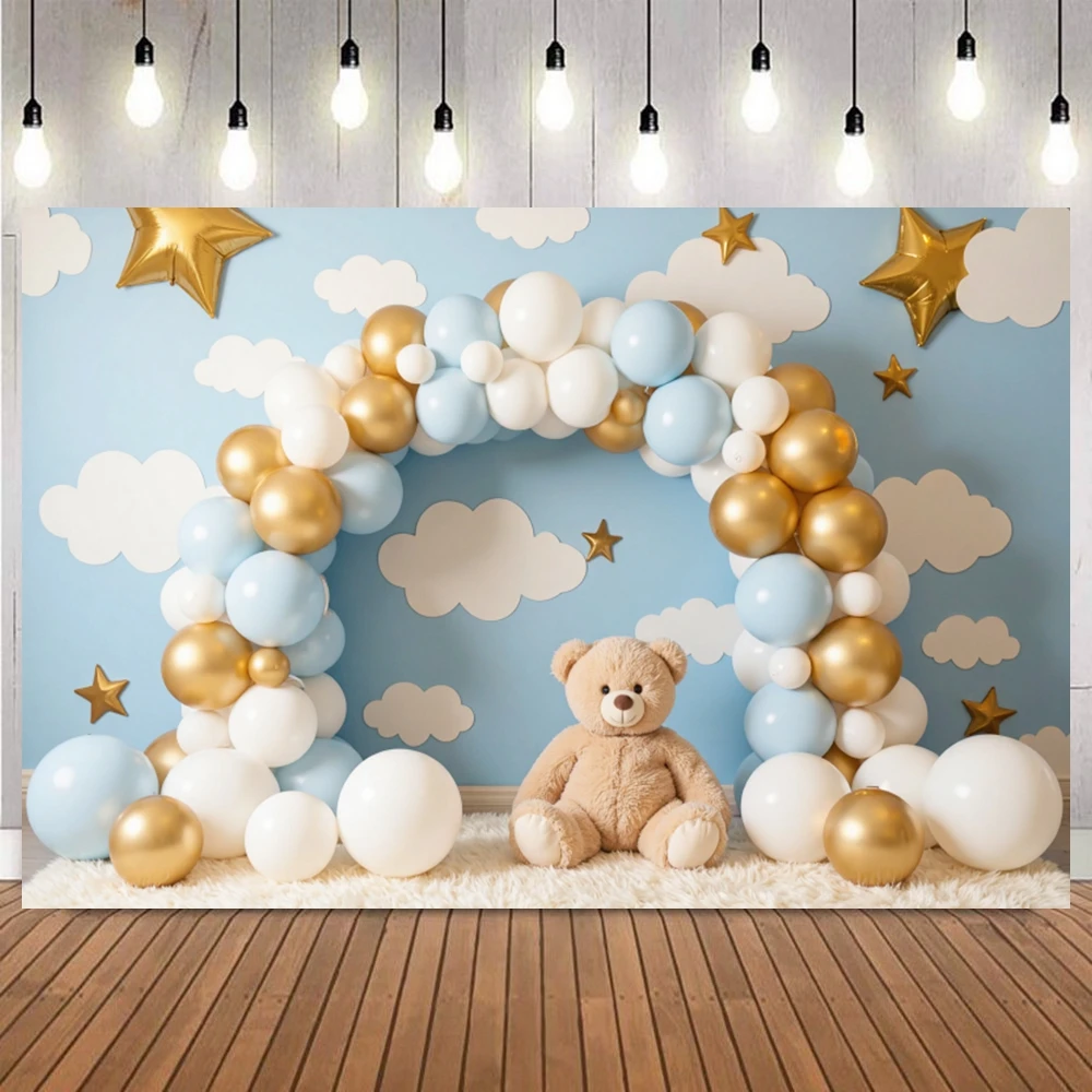 

Newborn Baby Shower Photo Backdrop Blue Pink Cloud Hot Air Balloon Glitter Decor Boy Girl Birthday Party Photography Background