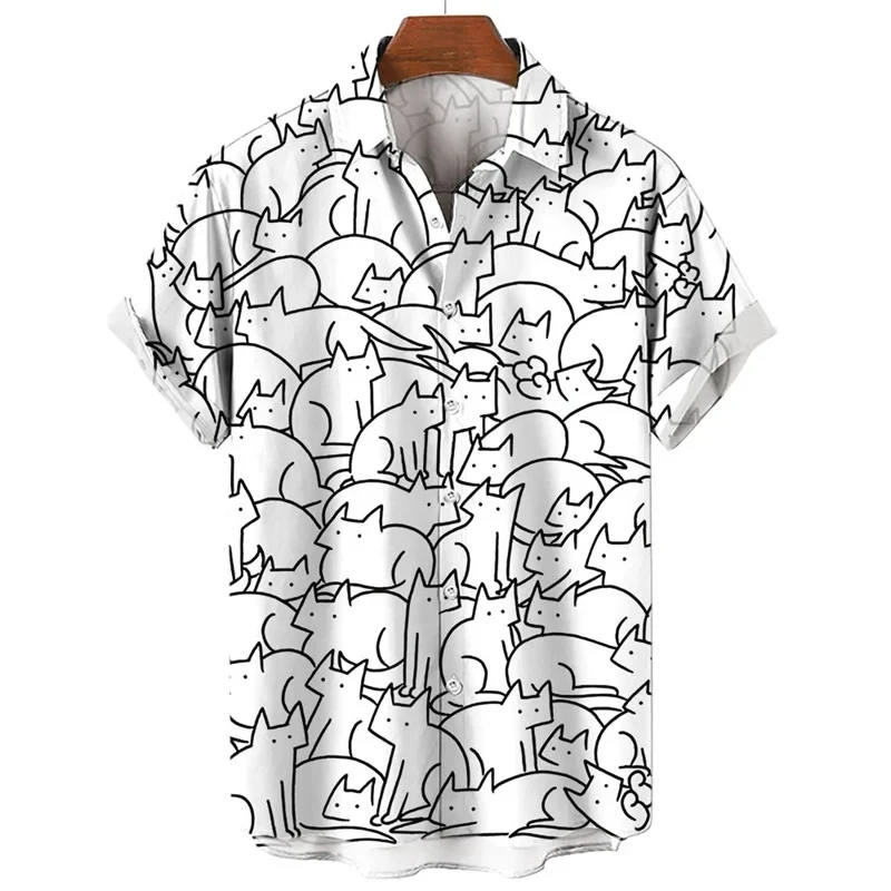 Camiseta de manga curta masculina, estampa 3D para gatinho, camisa casual com botão havaiano, moda verão