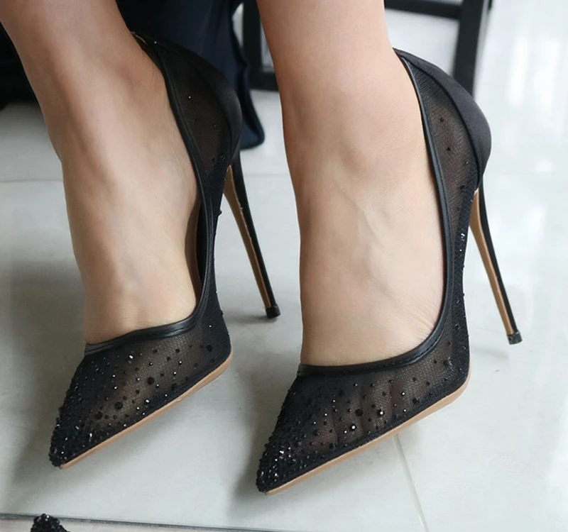

Women Black Mesh Sparkling Rhinestones Pointy Toe High Heels Elegant Summer Stiletto Pumps Sheer Design Wedding Bridal Shoes