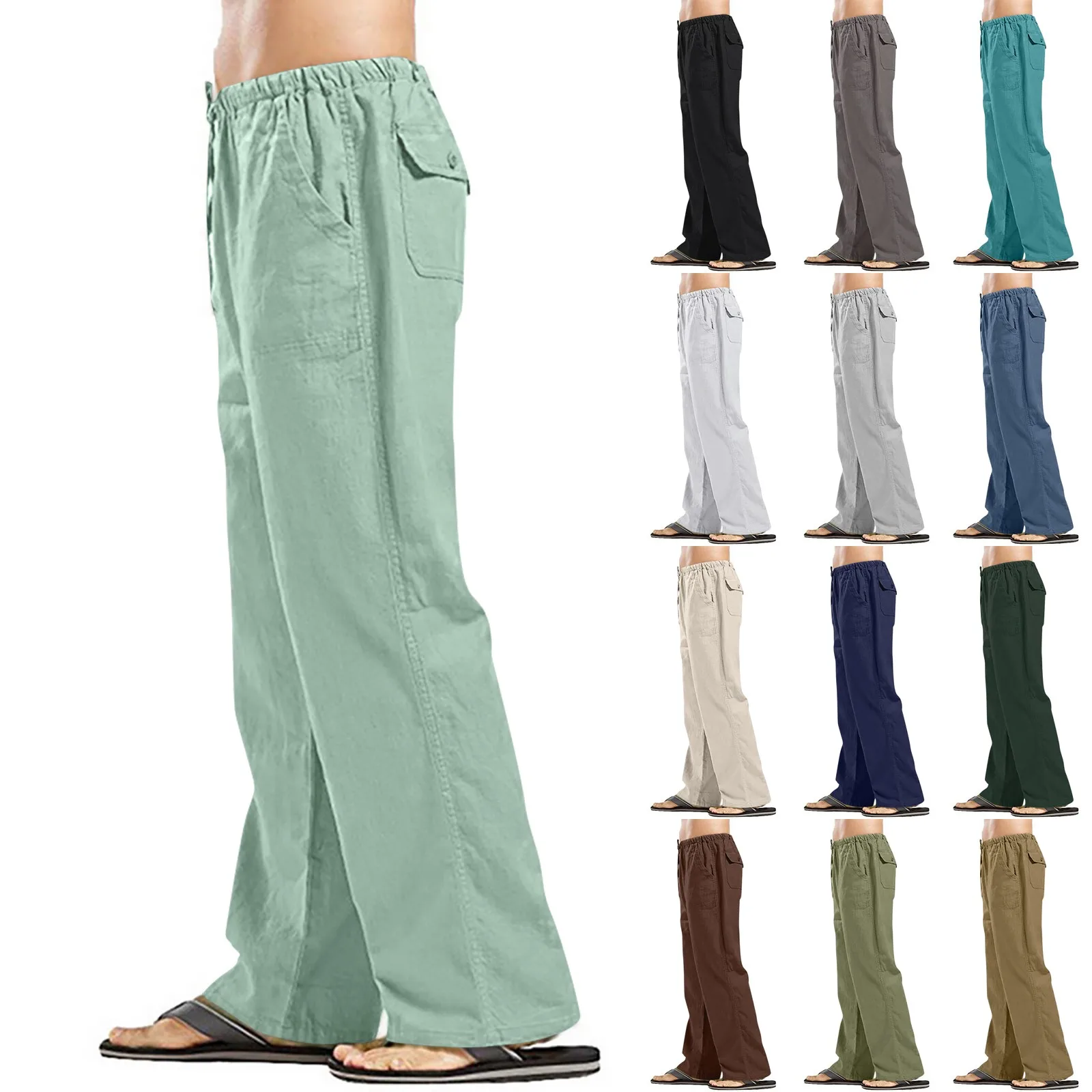 Men'S Cotton Linen Pants Solid Casual Classic All-Match Straight Trousers Comfy Lightweight Loose Beach Drawstring Waist Pant