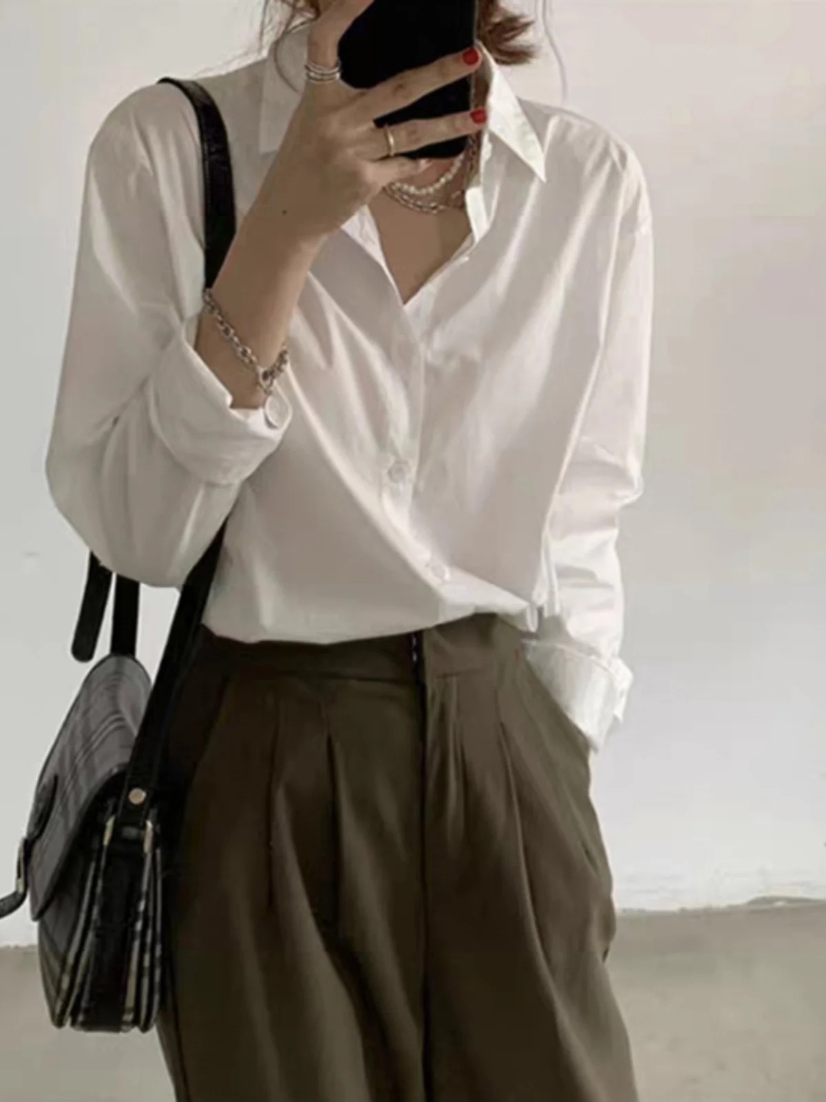 White Long Sve irt Women's Inner Wear Simple Work Design Korean Sle Spring Autumn Top Quali Commute Faion Straight...