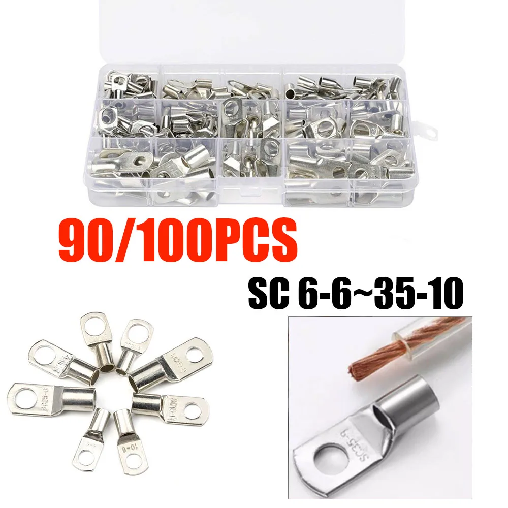 90/100PCS boxed SC copper nose terminal block peeking nose wire lug cable tube pressure copper cold pressure terminal block