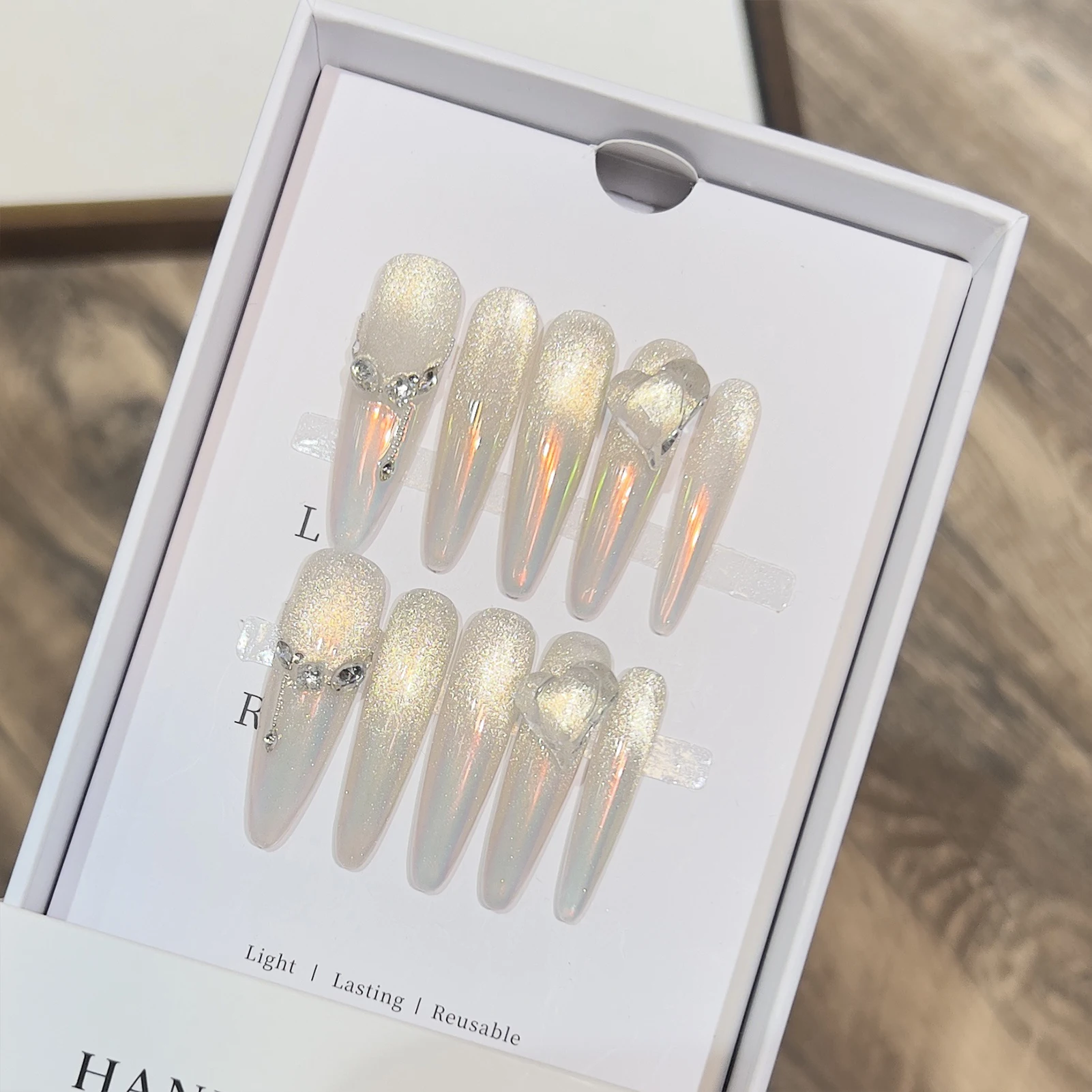 10 Stück Französische Katzenaugen Falsche Nägel DIY Handgemachte Strass Falsche Nägel Aurora Press on Nails für Frauen Gilrs Nail Art
