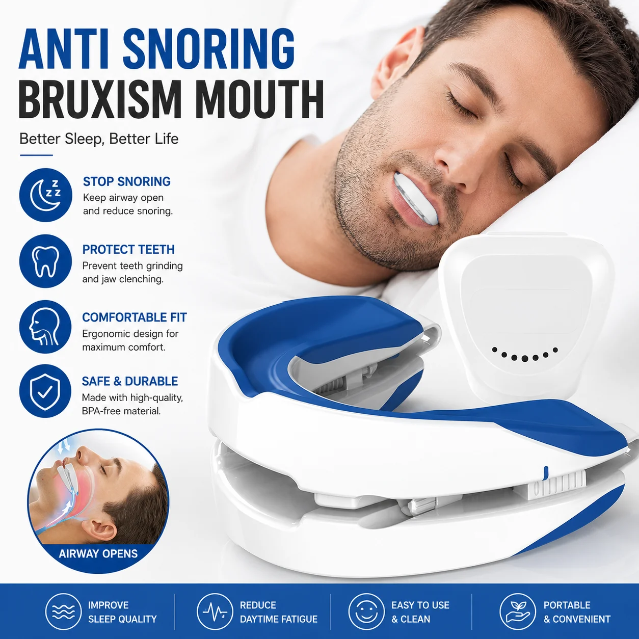 Anti-Snoring Mouthpiece Anti-Snoring Device Night Time Teeth Mouthguard Adjustable Sleeping Mouth Guard for Bruxism Stop Snoring