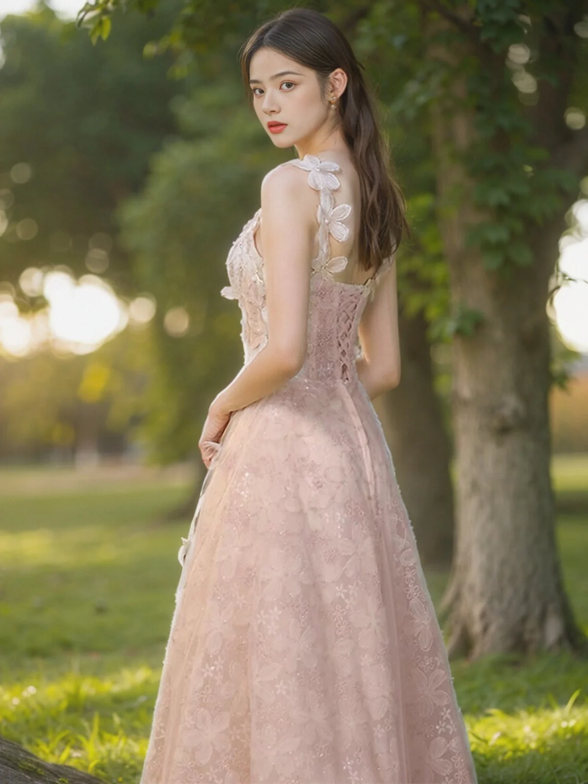 

Ele Pink Floral Long Dr Strapl Gown for Wedding Anniversary Birthday Par Performance A-Line Skirt Polyester Fabric