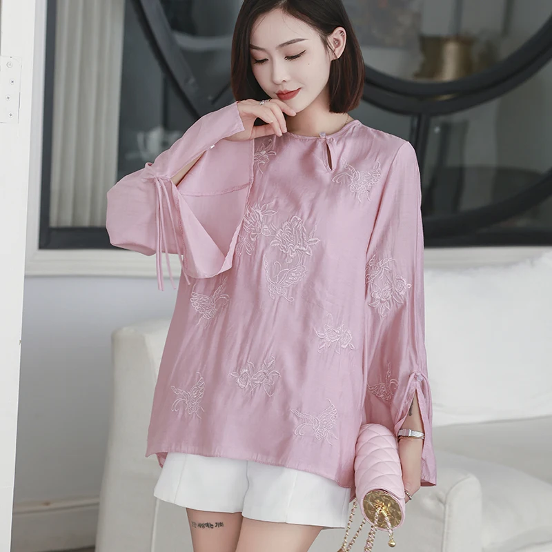 Chinese Style Embroidered Cheongsam Shirt Round Neck Slit Long Sleeve Spring Autumn Vintage Women\'s Clothing Chic Fairy Blouse