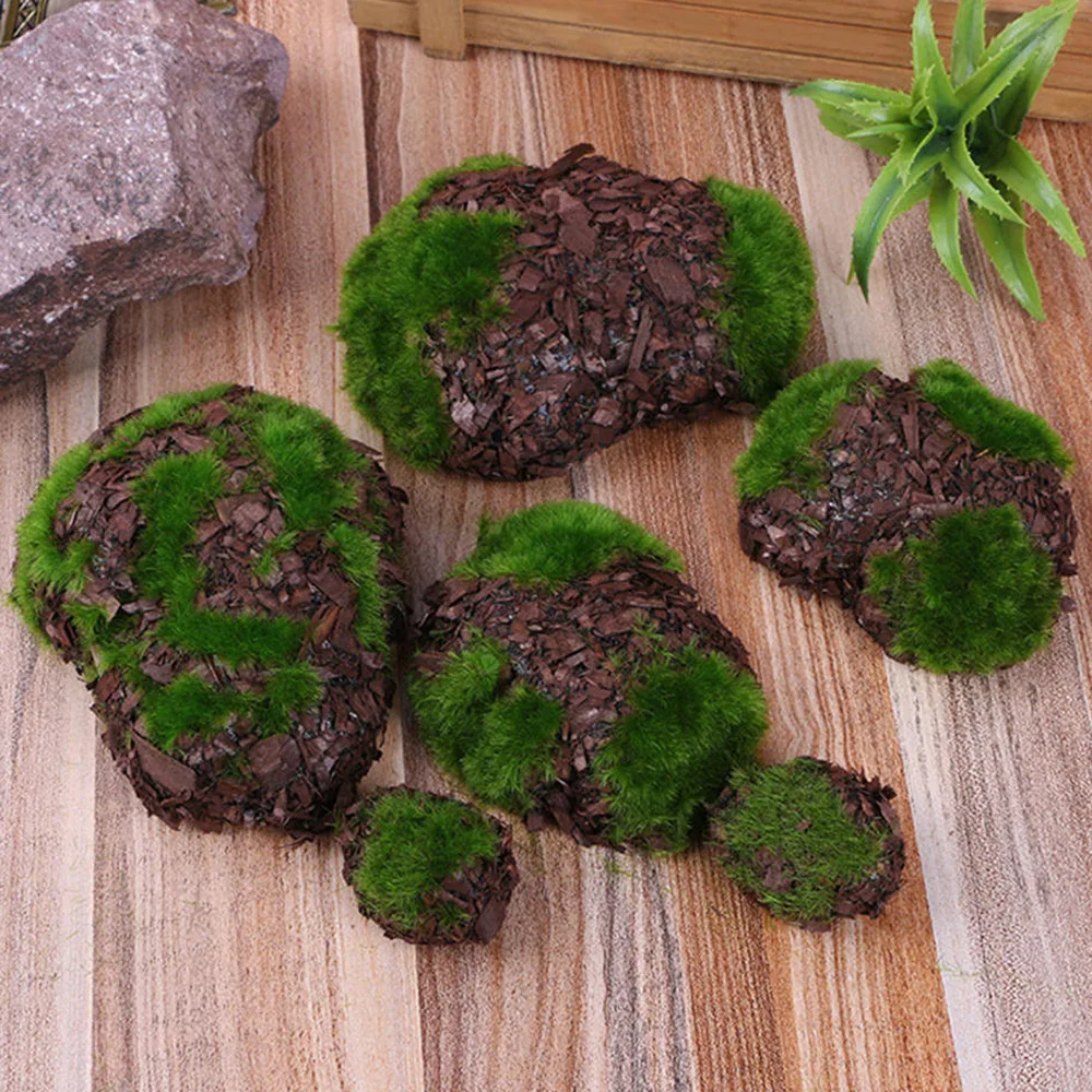 6pcs Artificial Grass Wood Fake Rock Blocks Green Moss Stone Simulation Stones Mini Garden Decor Fairy Garden Micro Landscape