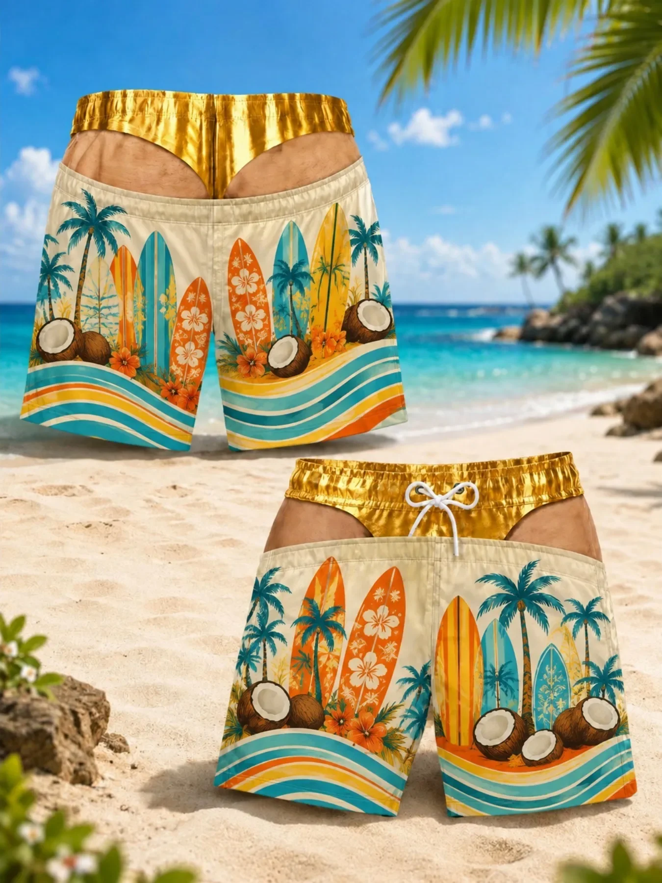 Novelty Fake Ripped Mens Swim Shorts Tropical Citrus Fruit Pattern Visual Deception Summer Beach Board Shorts