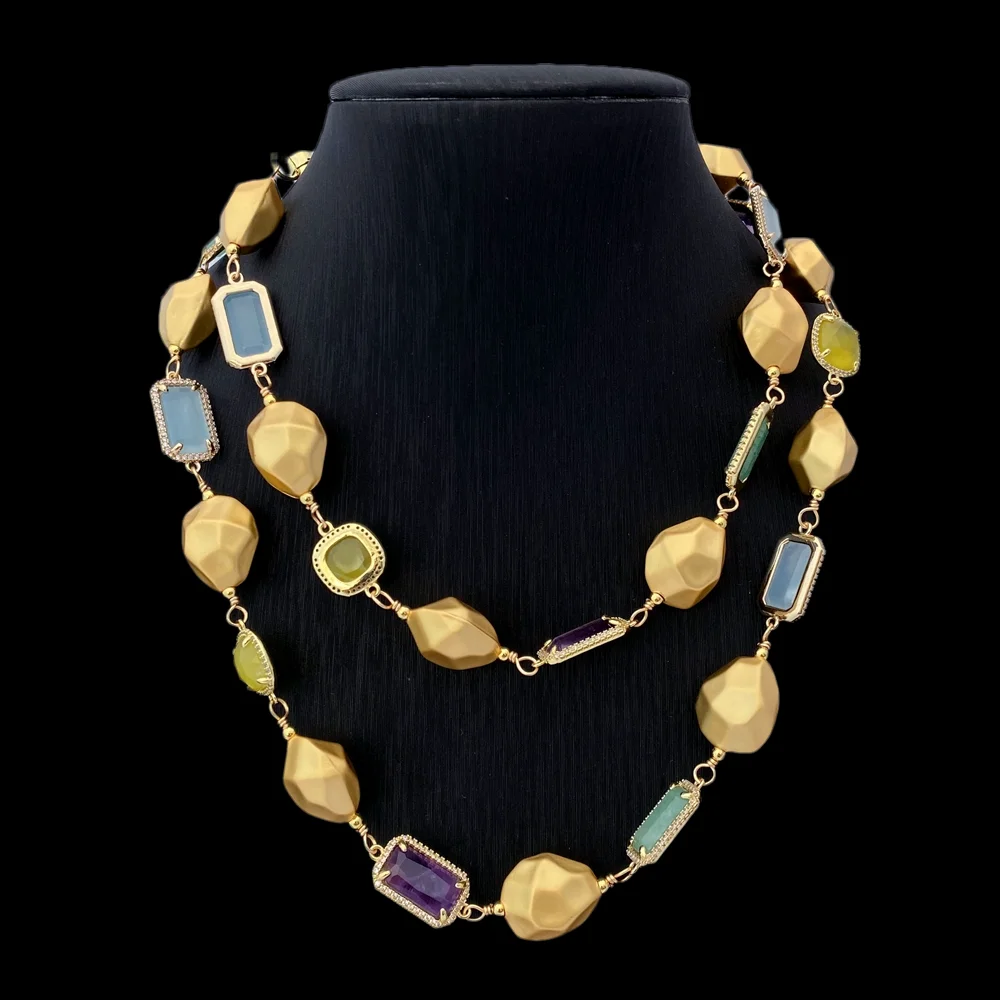 KKGEM 36'' natural faceted rectangle opal Green Nephrite Jade  amethyst yellow jade  Matte Finish Copper nugget  wrap Necklaces
