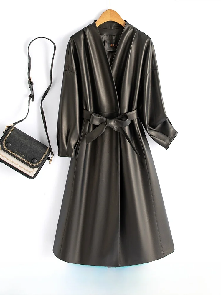 

Ele Long eepskin Coat Women's Slim Fit over Knee Leather Jaet Personali Sle Commute Faion V Ne ket Detail