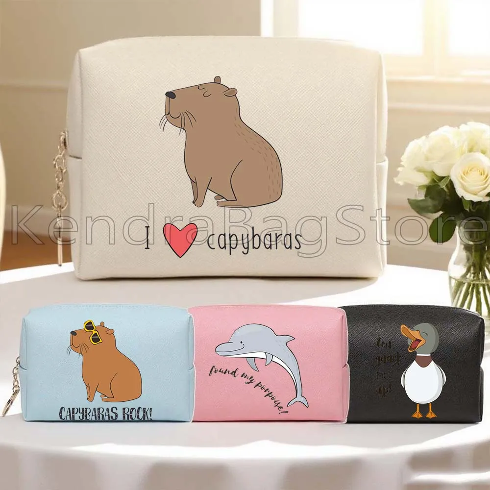 

Funny Cute Monkey Capybara Porpoise Tiger Meerkat Duck PU Leather Cosmetic Bags Pouch Women Makeup Case Waterproof Storage Bag