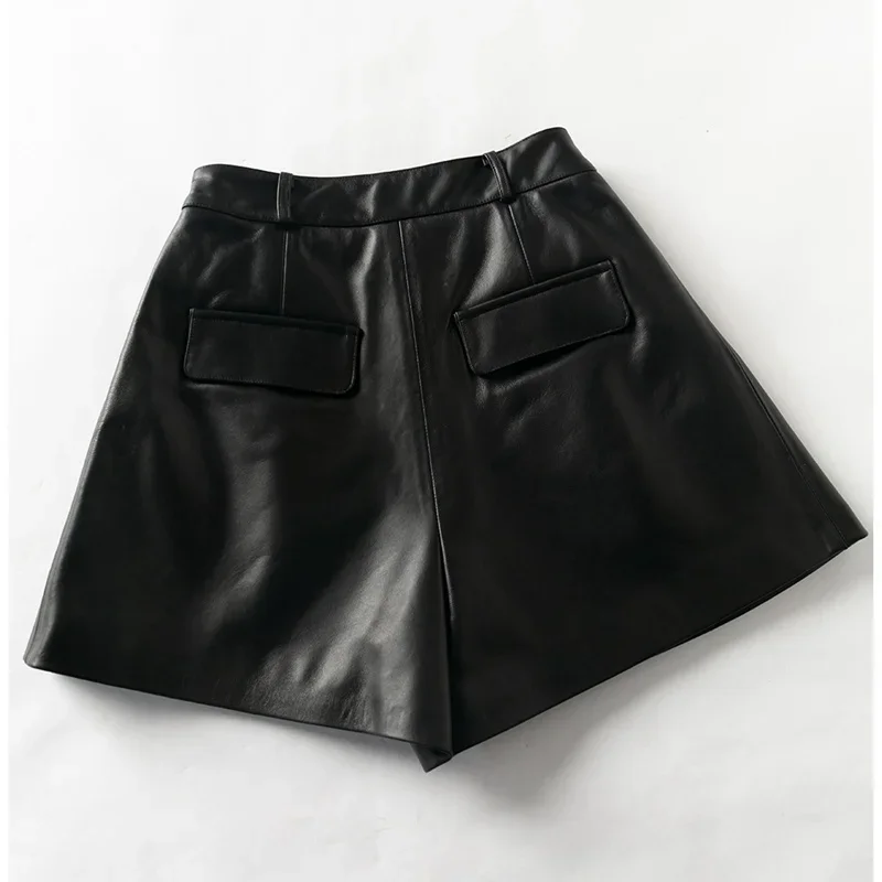 Preto cáqui shorts de couro real feminino bolsos perna larga all-match primavera moda feminina pele carneiro cintura alta shorts feminino c8100