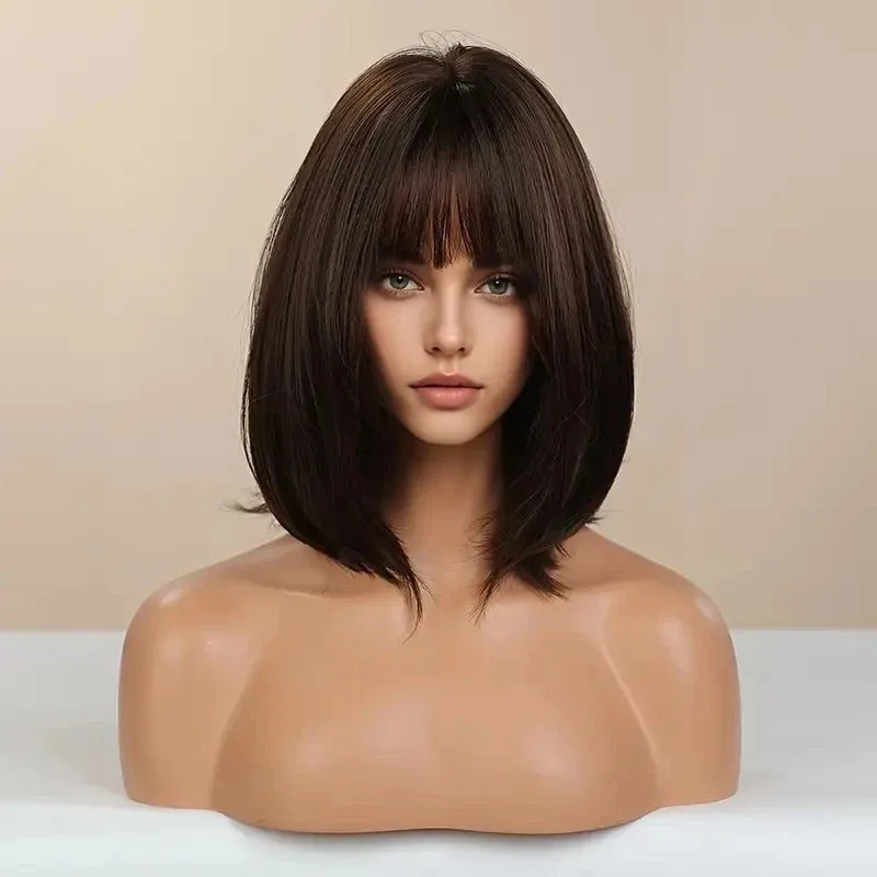 

Новые модные женские прямые парики из 100% натуральных человеческих волос темно-коричневого цвета, 14 дюймов