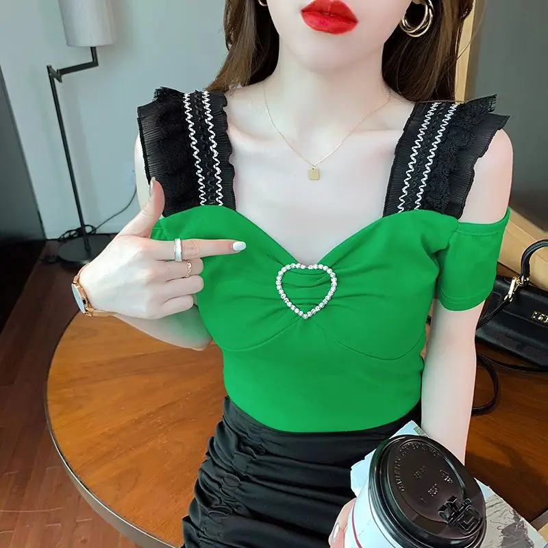 

Fashion V-Neck Folds Lace Ruffles Off Shoulder Blouses Female Clothing 2025 Summer New Slim Short Sleeve Chic Tops Sweet Shirts