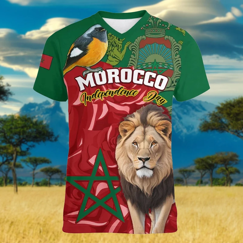 Morocco Football T-shirt For Men Clothing 3d Printed Moroccan Sports V Neck Tee Shirts GYM Tops Short Sleeve Casual Oversized