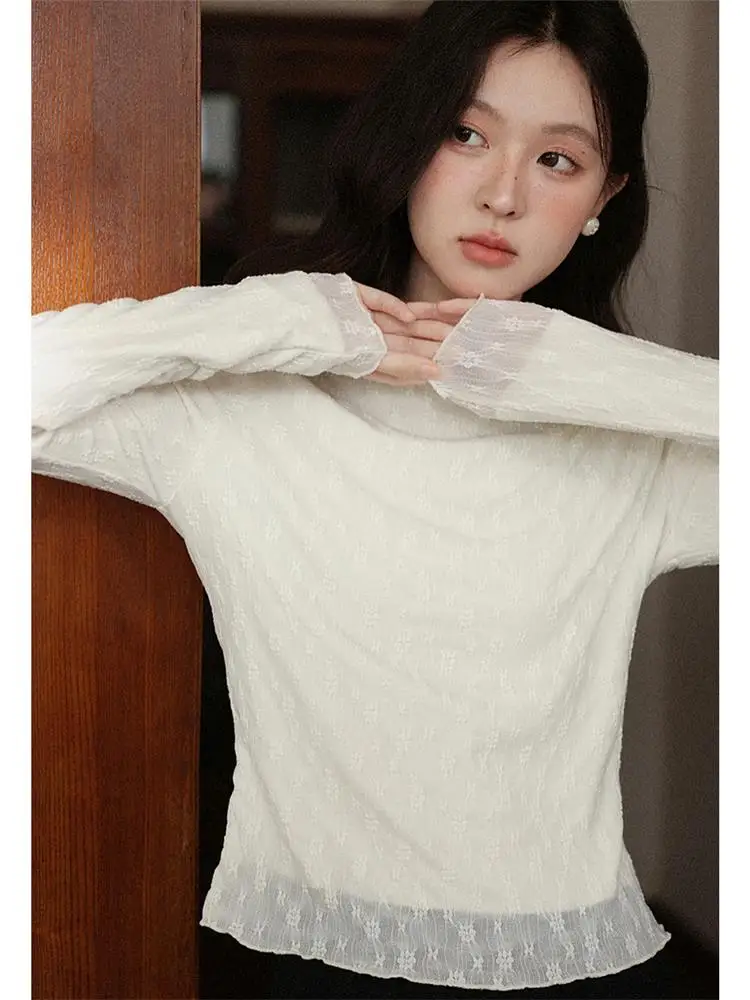 

Футболка Slim Fit Long Sve, женский топ с кружевным воротником, зимний базовый слой, корейский Sle Commute Faion с высоким воротником