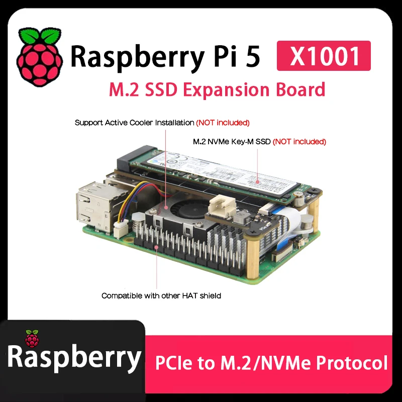 Raspberry Pi 5 PI5 X1001 1001 Placa adaptadora PCIE a M.2 NVMe Protocol M.2 SSD Expansion Board With shell extension board