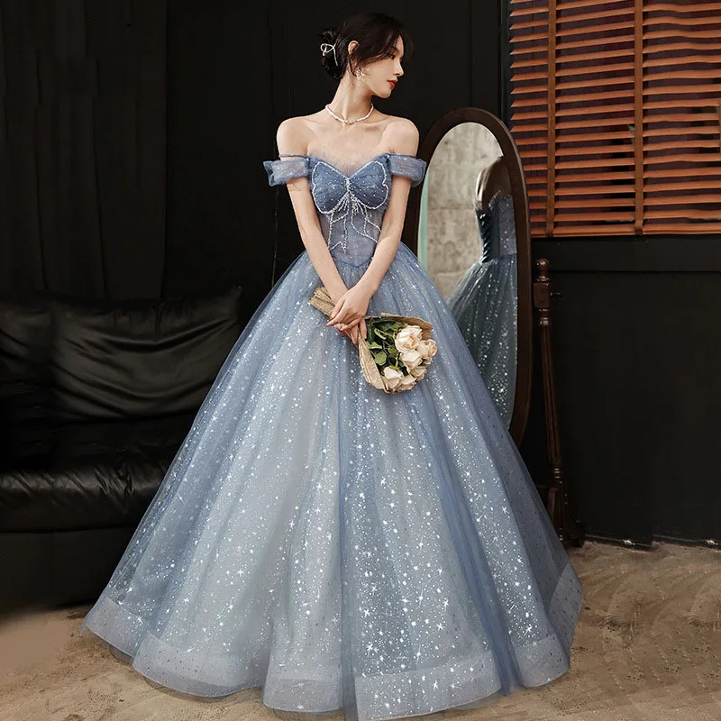 Evening Dress 2022 New Temperament Evening Dress Blue Tutu Skirt Toast Dress Dignified Host Annual Meeting Evening Dress