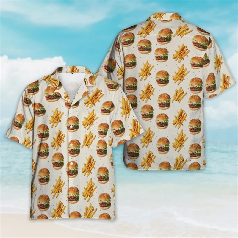 Hawaiian Burger Delicious 3D Printed Short Sleeve Shirts For Men Clothes Casual Hamburger Food Women Blouses Cute Beach Shirt