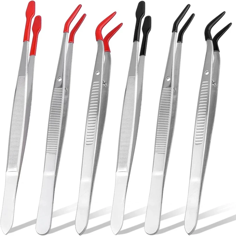 6 Pieces Stainless Steel Tweezers PVC Coated Flat Tip Tweezers With Rubber Tips DIY Crafts