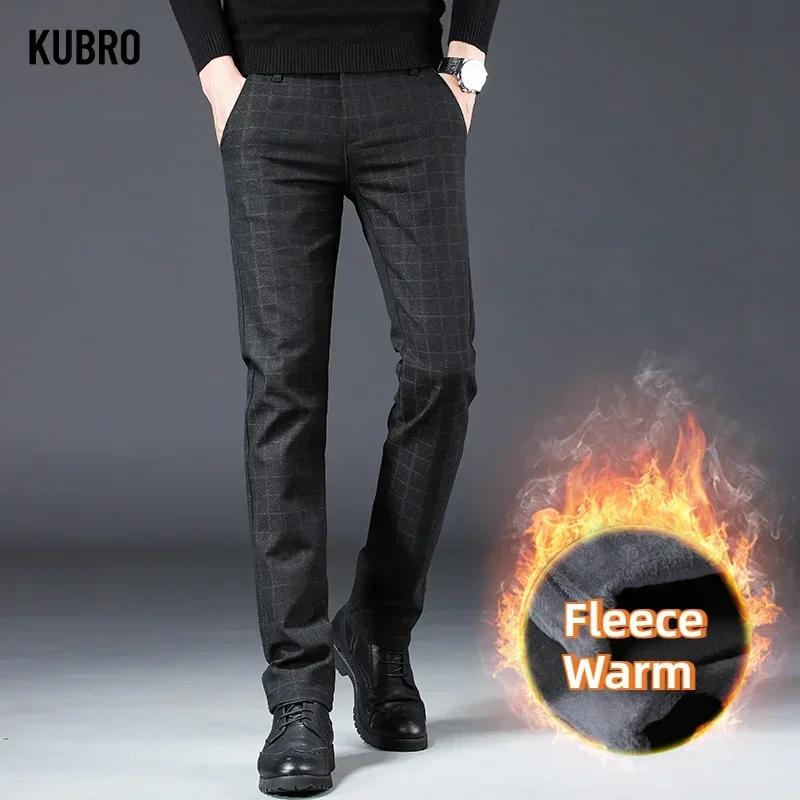 KUBRO 2024 New Men\'s Winter Warm Casual Pants Outdoor Thick Warm Fleece Lined Windproof Waterproof Straight Golf Trousers