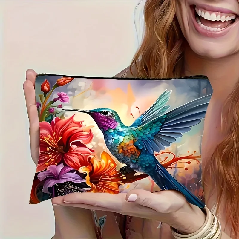 

Floral Pattern Makeup Bag -Vibrant Blue & Green Hummingbird Design on Orange & Red Flowers