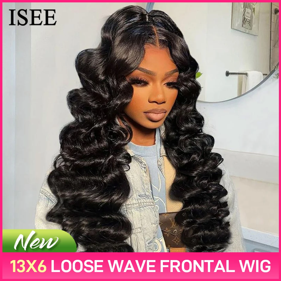ISEE HAIR 13x6 Glueless Loose Wave Lace Frontal Wigs with Invisi Draw Strings 100% Human Hair Wigs Pre Cut Lace Wear Go Wigs